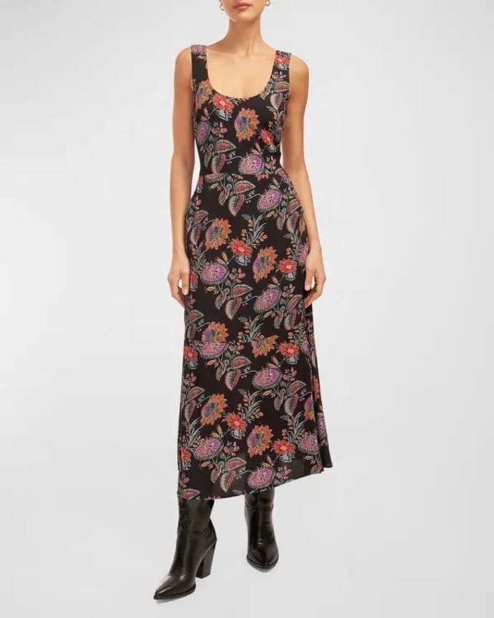 Equipment Everett Black Floral Print Sleeveless Scoop Maxi Dress Size 8